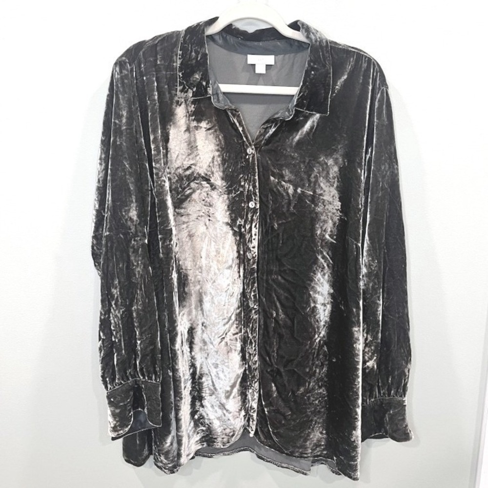 J. Jill Luxury Velvet Silk Blend Button Down Tunic Blouse Charcoal Gray Plus 2X